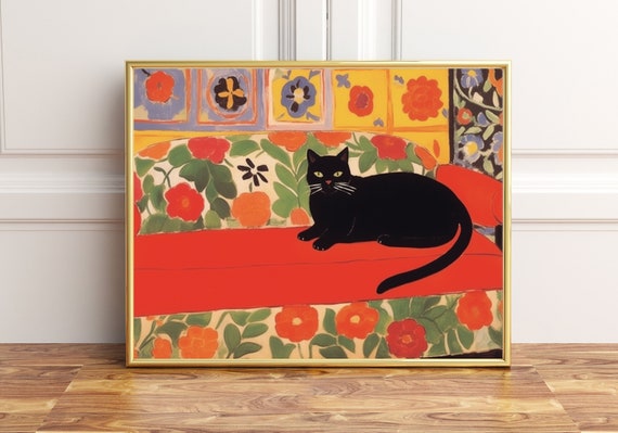 Black Cat on the Red Couch Art Print