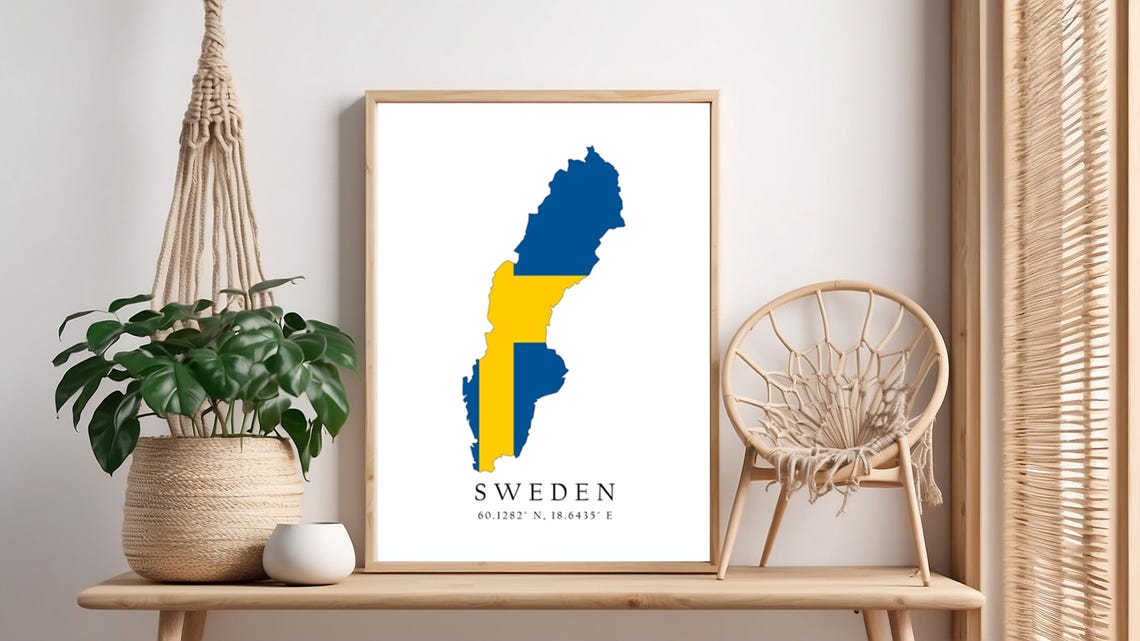 Sweden Map Print Flag Latitude Longitude Coordinates Poster Wall Art Home Dcor