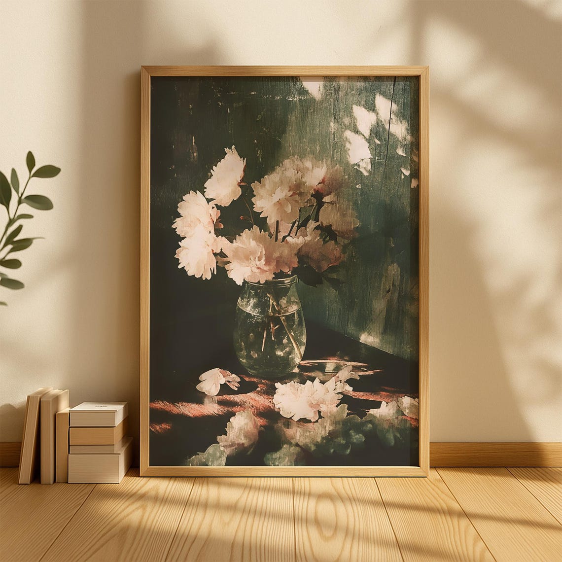 White Dahlia Flowers in Glass Vase Dark Moody Still Life Floral Poster