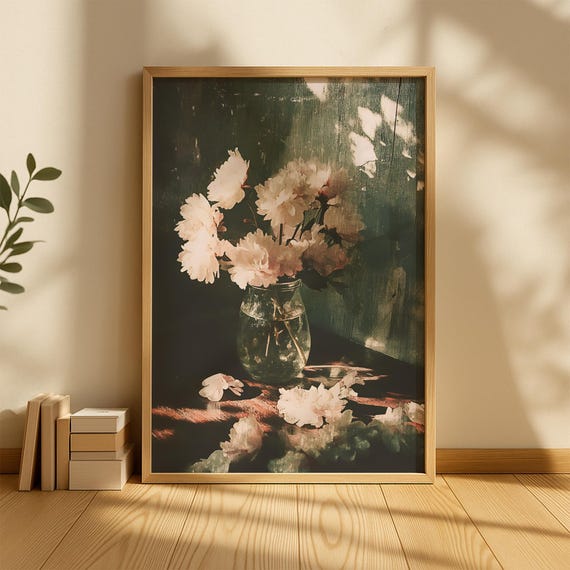 White Dahlia Flowers in Glass Vase Dark Moody Still Life Floral Poster