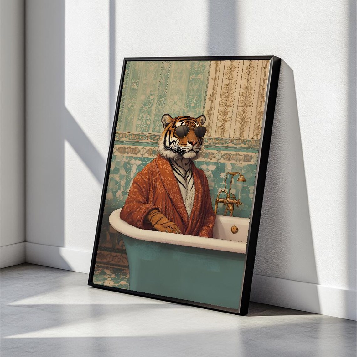 Funny Bathroom Wall Art Tiger In Robe With Vintage Bathtub Quirky Prints Decor Poster