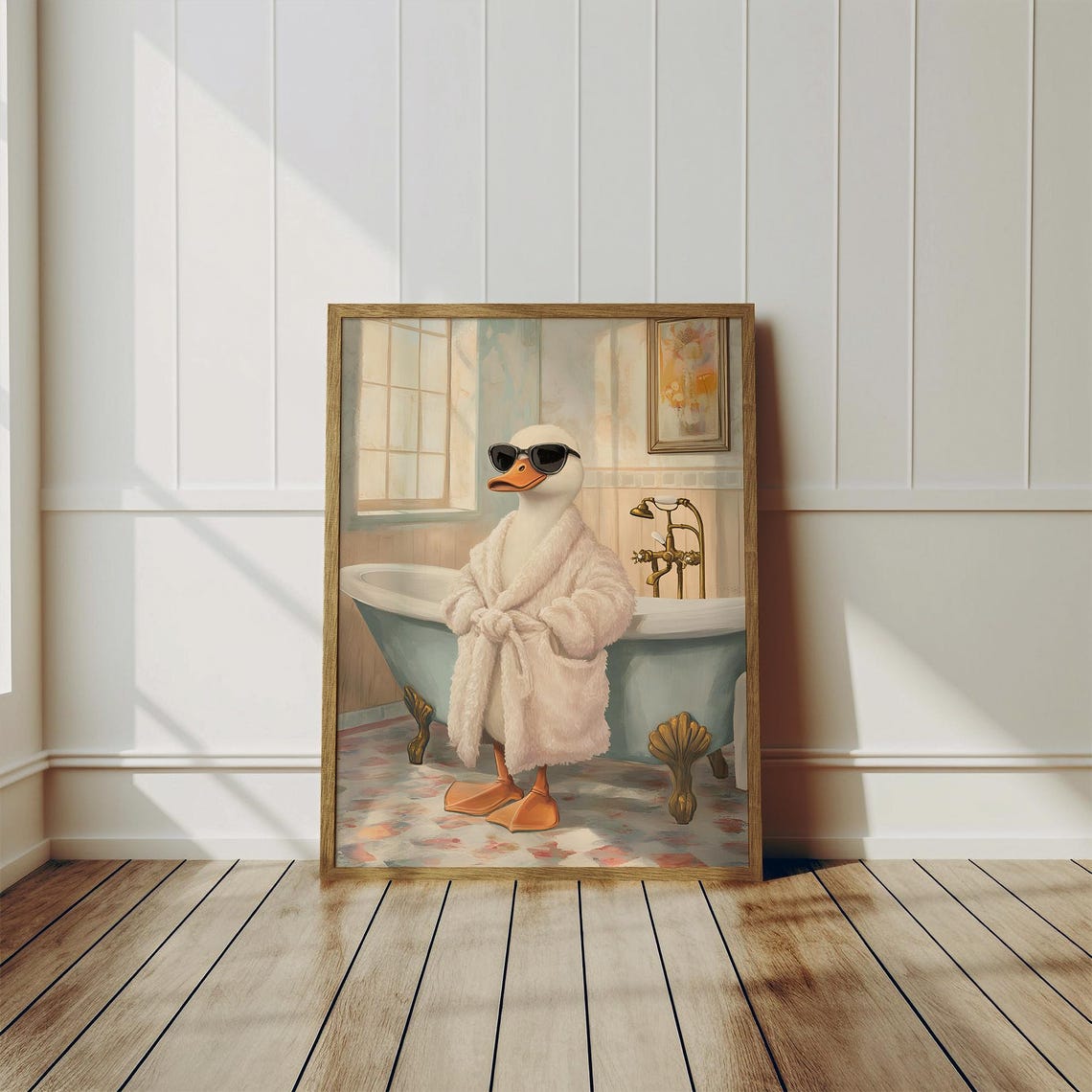White Duck in Bathrobe and Sunglasses Funny Bathroom Wall Poster