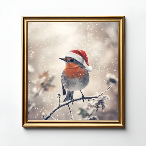 Photorealistic Robin in Santa Hat on Snowy Winter Branch Poster