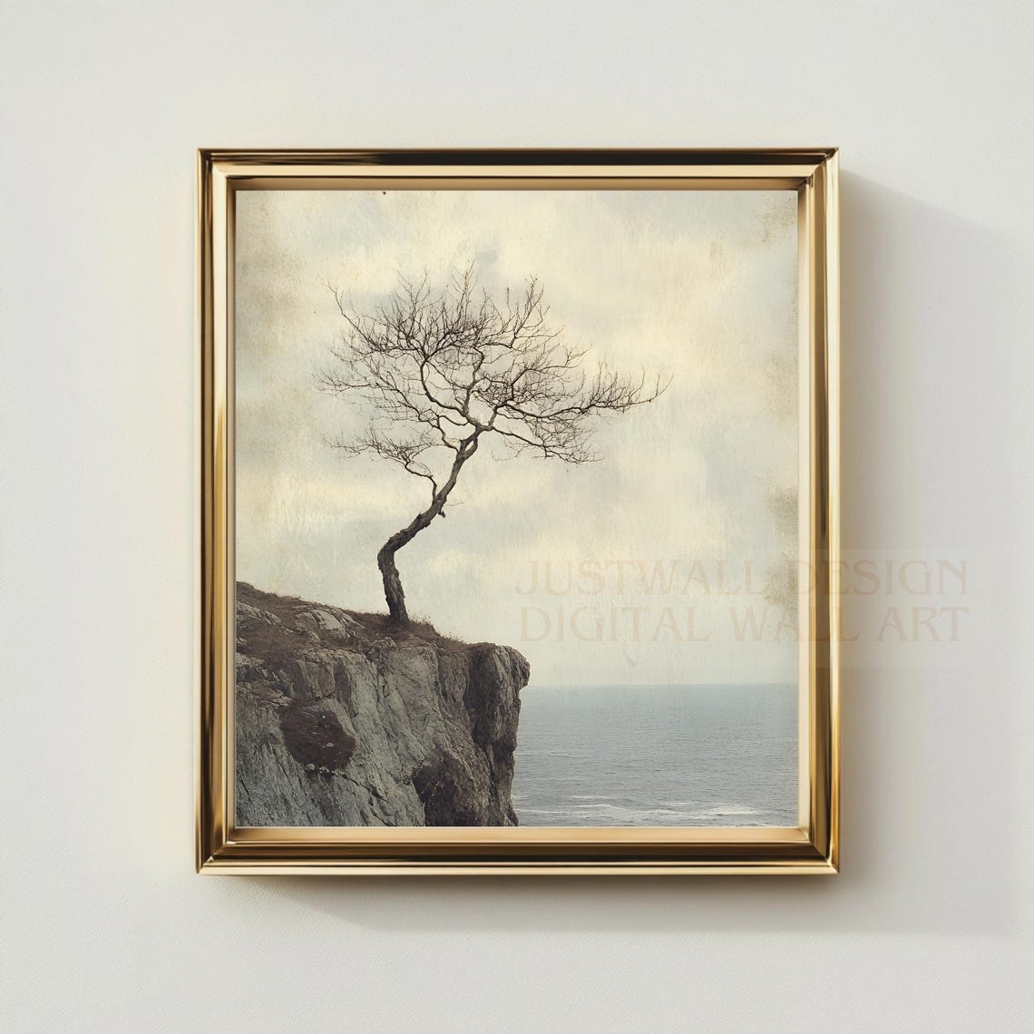 Windswept Tree on Ocean Cliff Edge Minimalist Coastal Landscape Poster