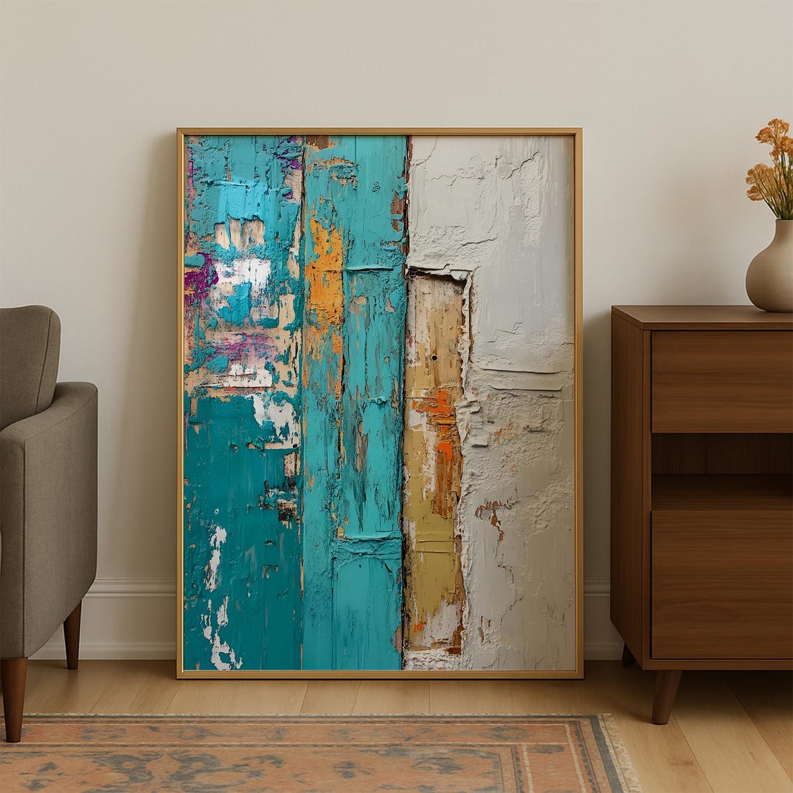 Turquoise and White Textured Abstract Rustic Plaster Wall Poster
