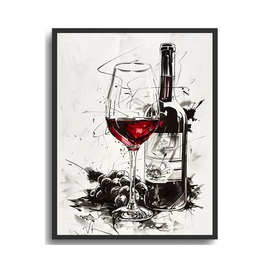 Bold Black Ink Sketch of Wine Bottle Glass and Dark Grapes Poster