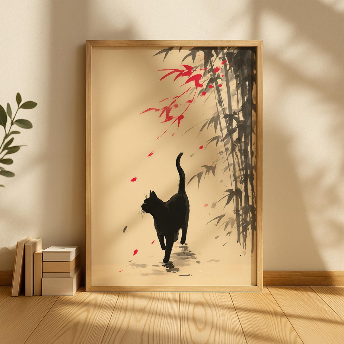 Black Cat Silhouette Under Red Bamboo Japanese Ink Style Poster