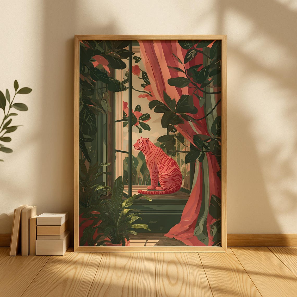 Pink Tiger on a Windowsill with Pink Curtains Tropical Poster
