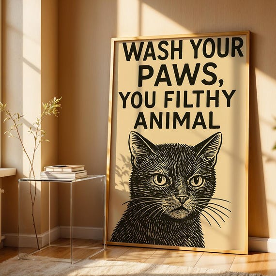 Wash Your Paws Vintage Bathroom Cat Poster