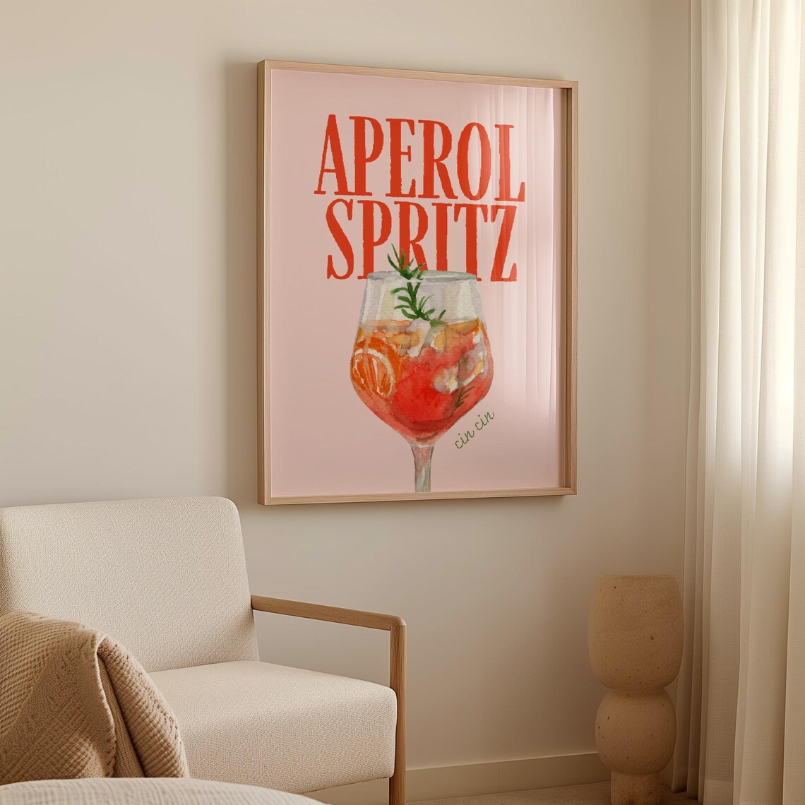 Aperol Spritz Italian Cocktail Watercolor Pink Trendy Bar Wall Poster - Image 3