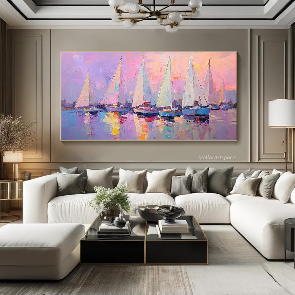 Seven Sailboats Sunset Harbor Pink Lavender Seascape Art Poster - Image 6
