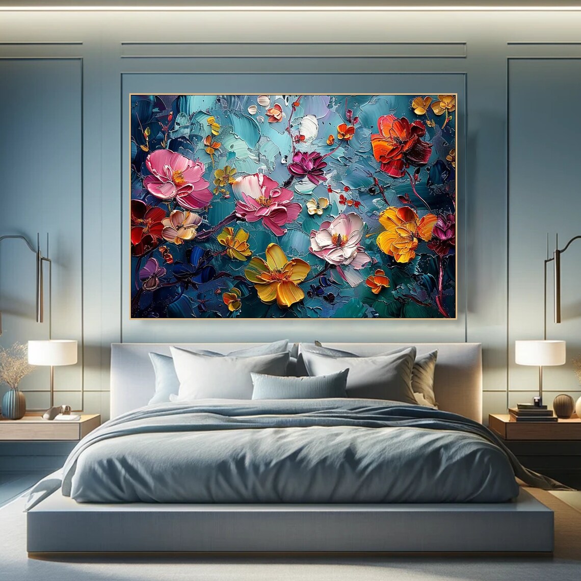 Colorful Blossom Flowers Teal Background Impasto Textured Art Print - Image 4
