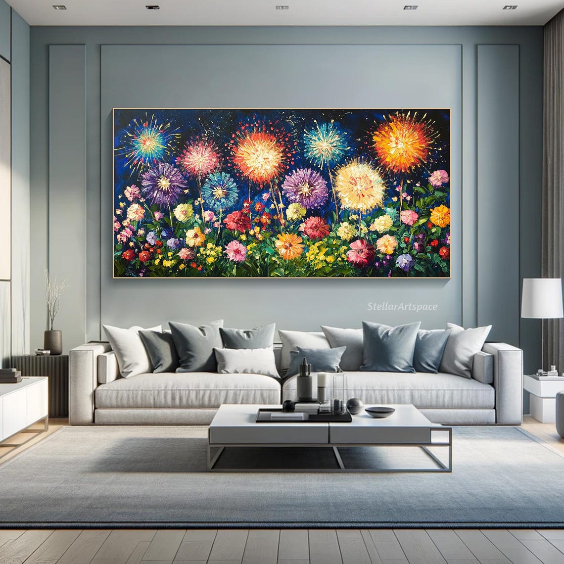 Fireworks Over Colorful Flower Field Night Sky Celebration Poster - Image 6