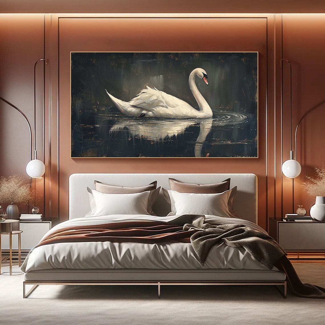 White Swan Dark Lake Reflection Elegant Oil Painting Bird Poster - Image 3