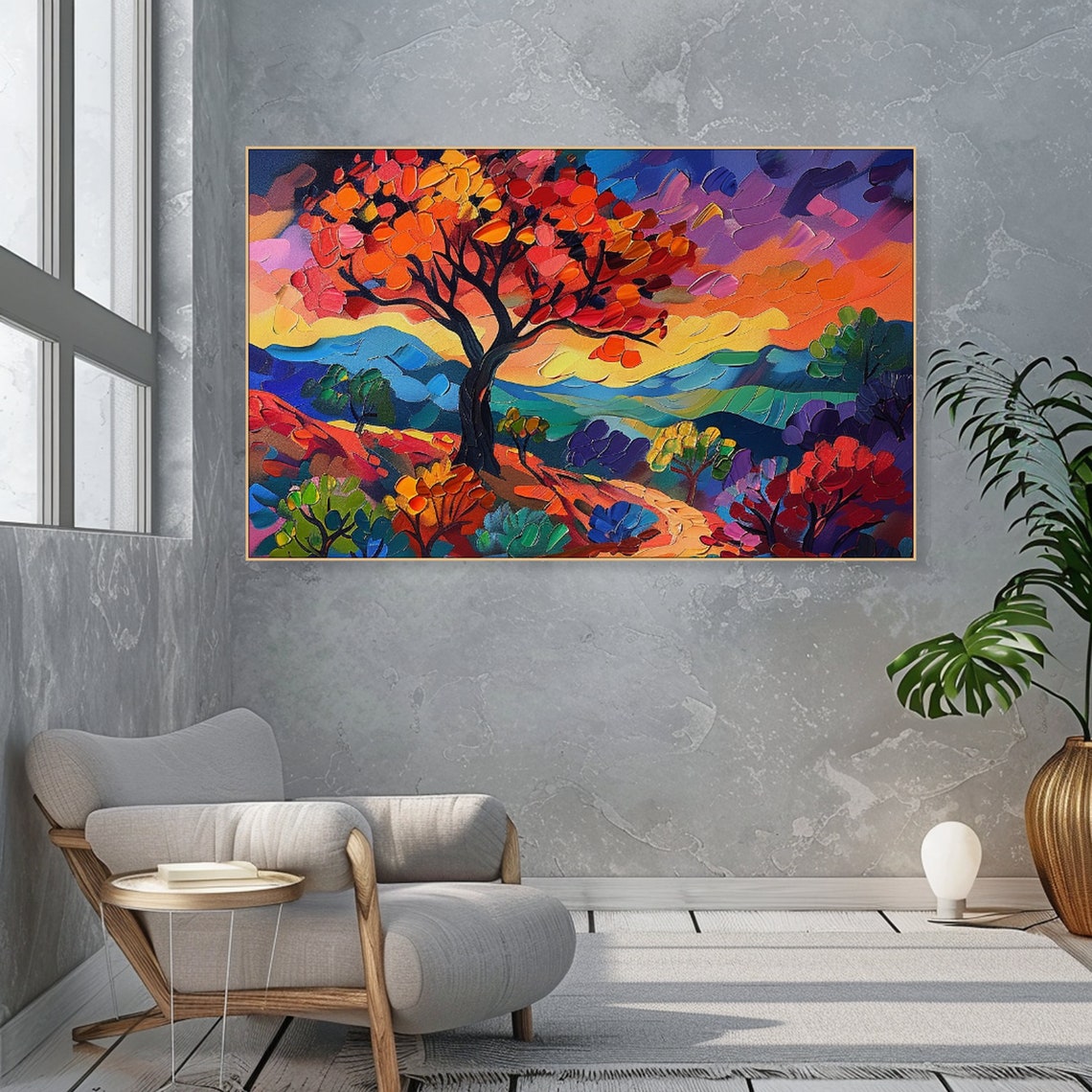 Rainbow Tree Vibrant Autumn Landscape Dreamy Impasto Nature Poster - Image 3