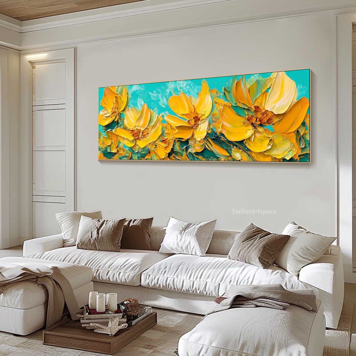 Bright Yellow Blossom Field Turquoise Sky Impasto Floral Art Poster - Image 6