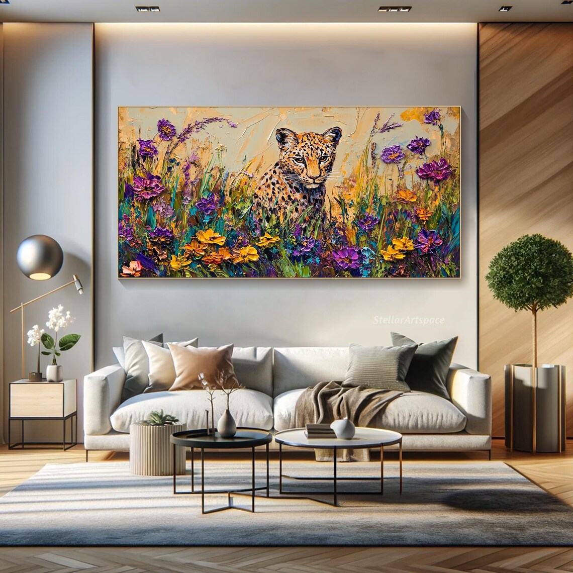 Leopard In Wildflower Meadow Colorful Wildlife Big Cat Painting Art Poster - Image 4