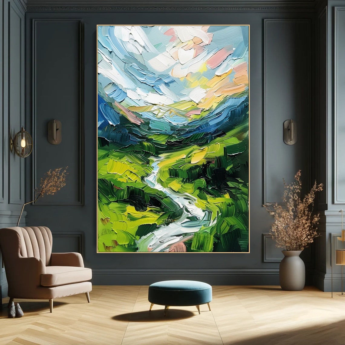 Winding Stream Green Hills Bright Cloudy Sky Impasto Landscape Poster - Image 2