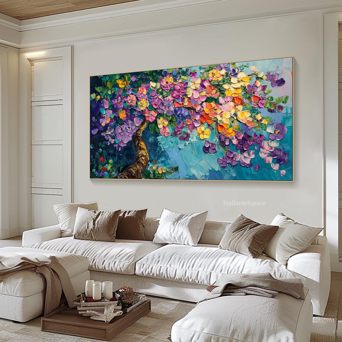 Flowering Tree Branch Colorful Blossoms Turquoise Impasto Art Poster - Image 6