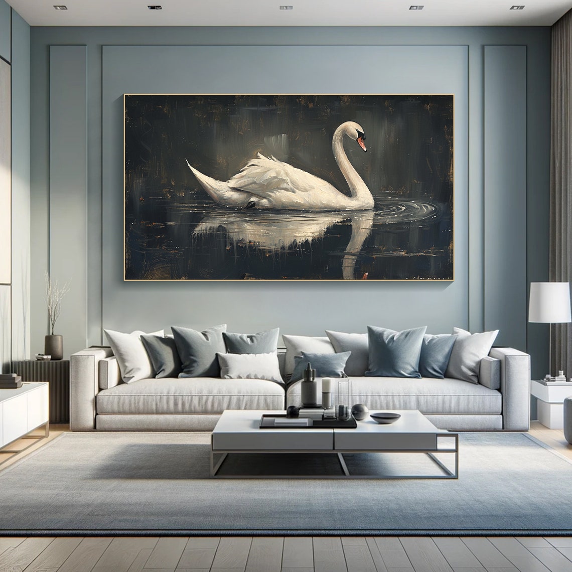 White Swan Dark Lake Reflection Elegant Oil Painting Bird Poster - Image 2