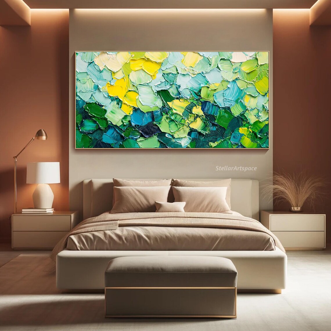 Green Yellow Blue Abstract Textured Impasto Palette Knife Wall Art - Image 4