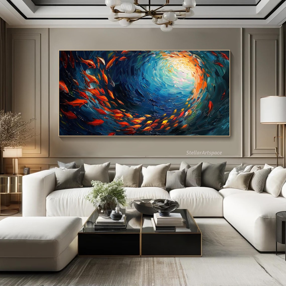 Fish Swarm Oil Painting, Abstract Ocean Art Print - Image 4