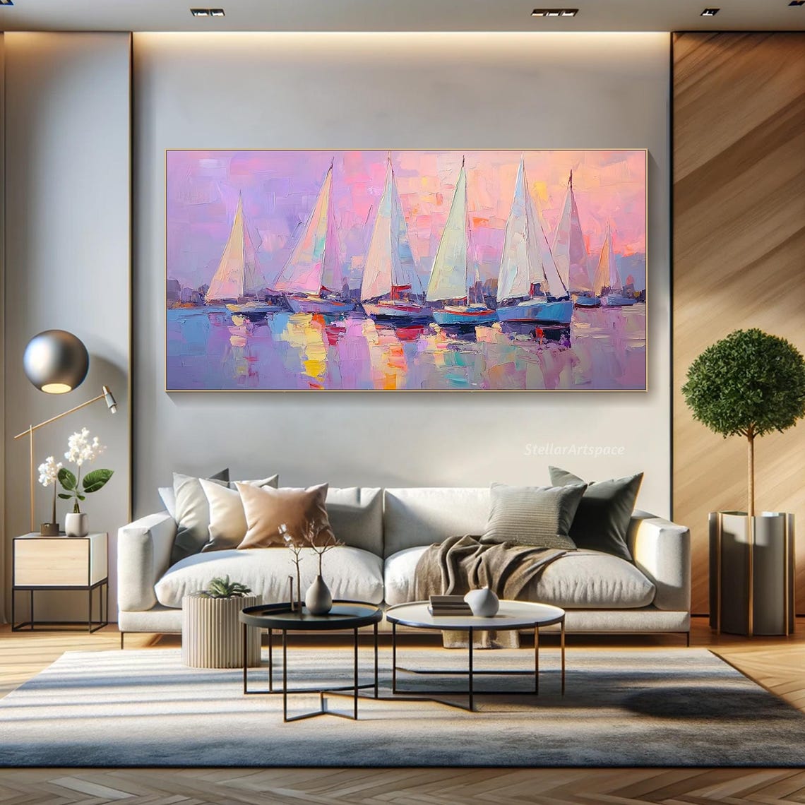 Seven Sailboats Sunset Harbor Pink Lavender Seascape Art Poster - Image 5