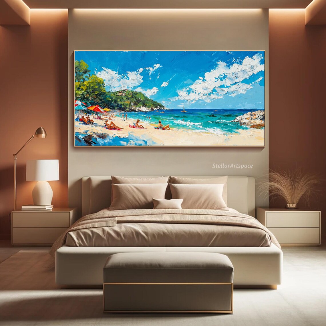 Sunny Beach Day Swimmers Sailboat Turquoise Bay Impasto Poster - Image 4