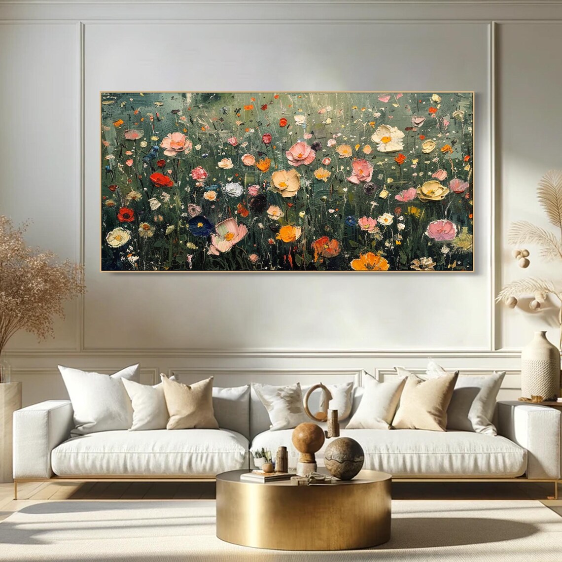 Colorful Wildflower Meadow Dark Green Textured Oil Painting Poster - Image 3