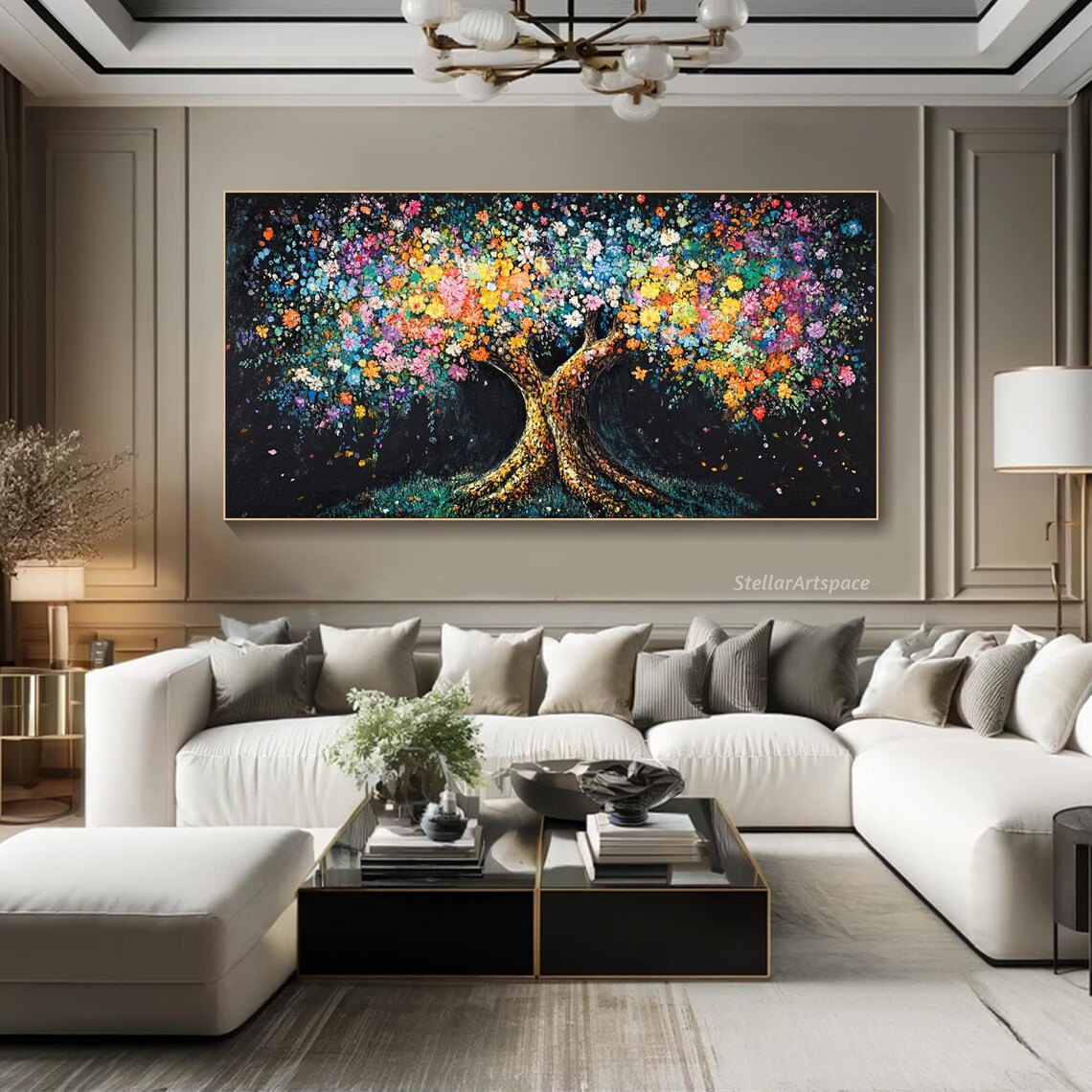Midnight Blossom Tree Colorful Flowers Black Background Art Poster - Image 3
