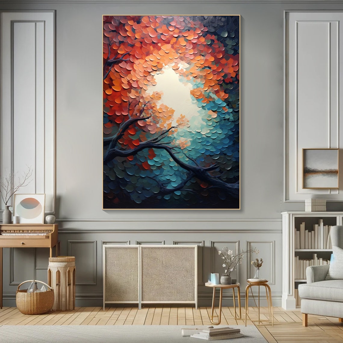 Autumn Trees Red Teal Canopy Dark Branches Bold Texture Art Poster - Image 5