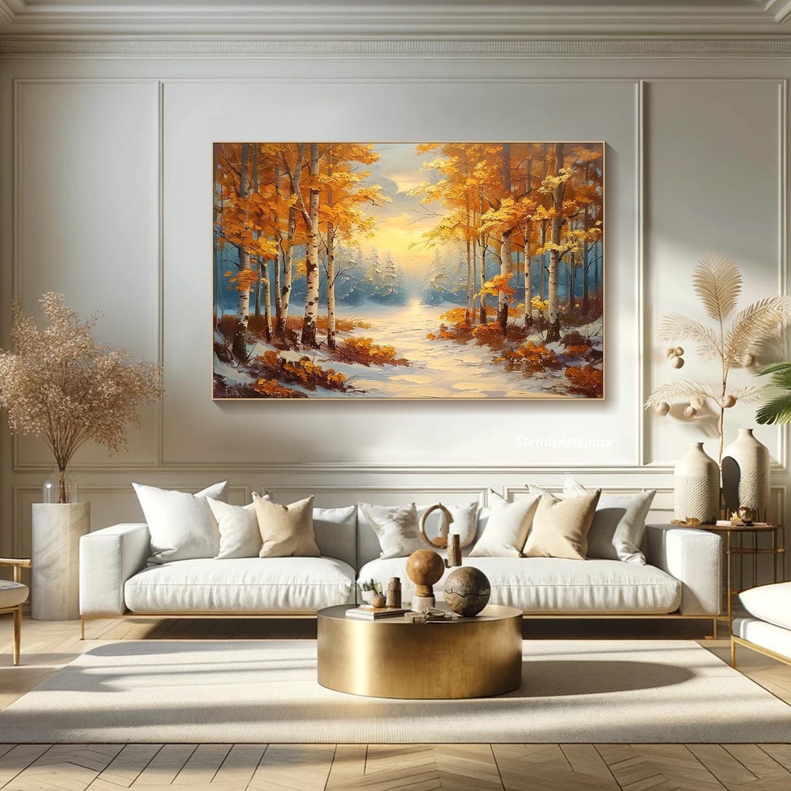Golden Autumn Birch Forest Snowy Path Textured Landscape Poster - Image 3