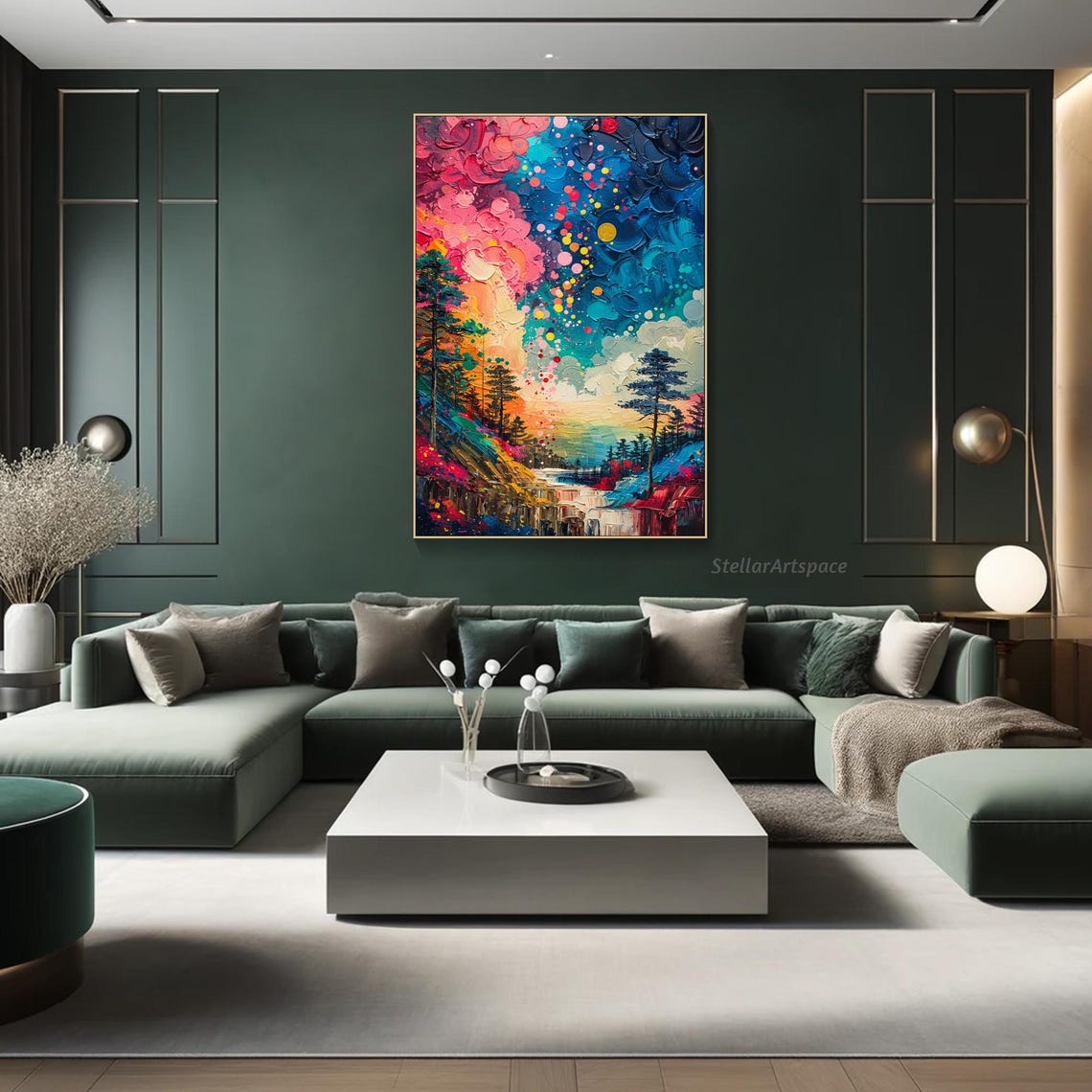 Starry Night Forest Waterfall Colorful Dots Sky Impasto Art Print - Image 4