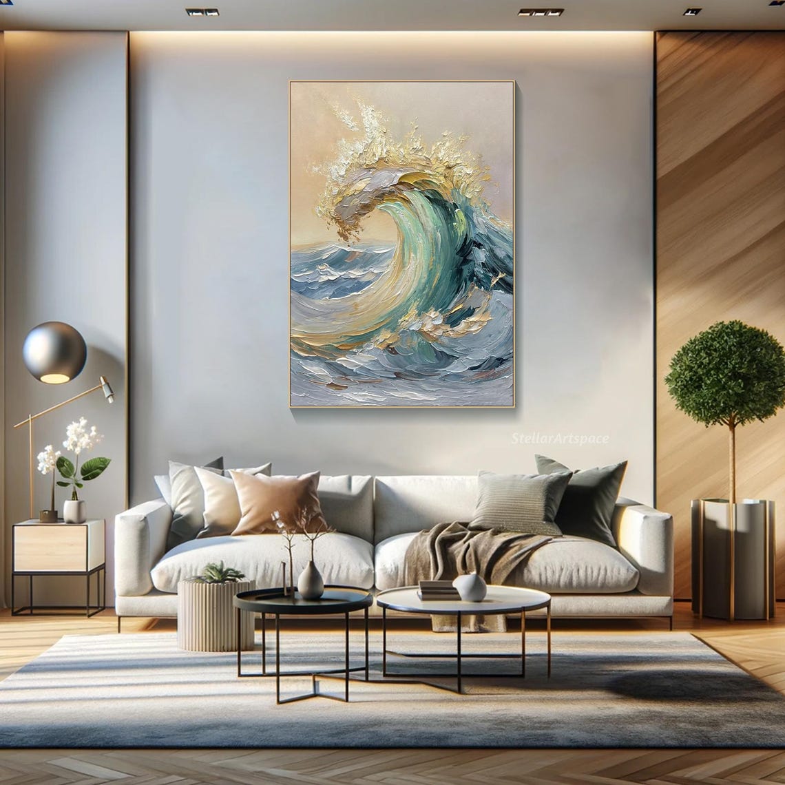 Ocean Wave Curl Blue Sea Gold Spray Textured Impasto Art Poster - Image 2