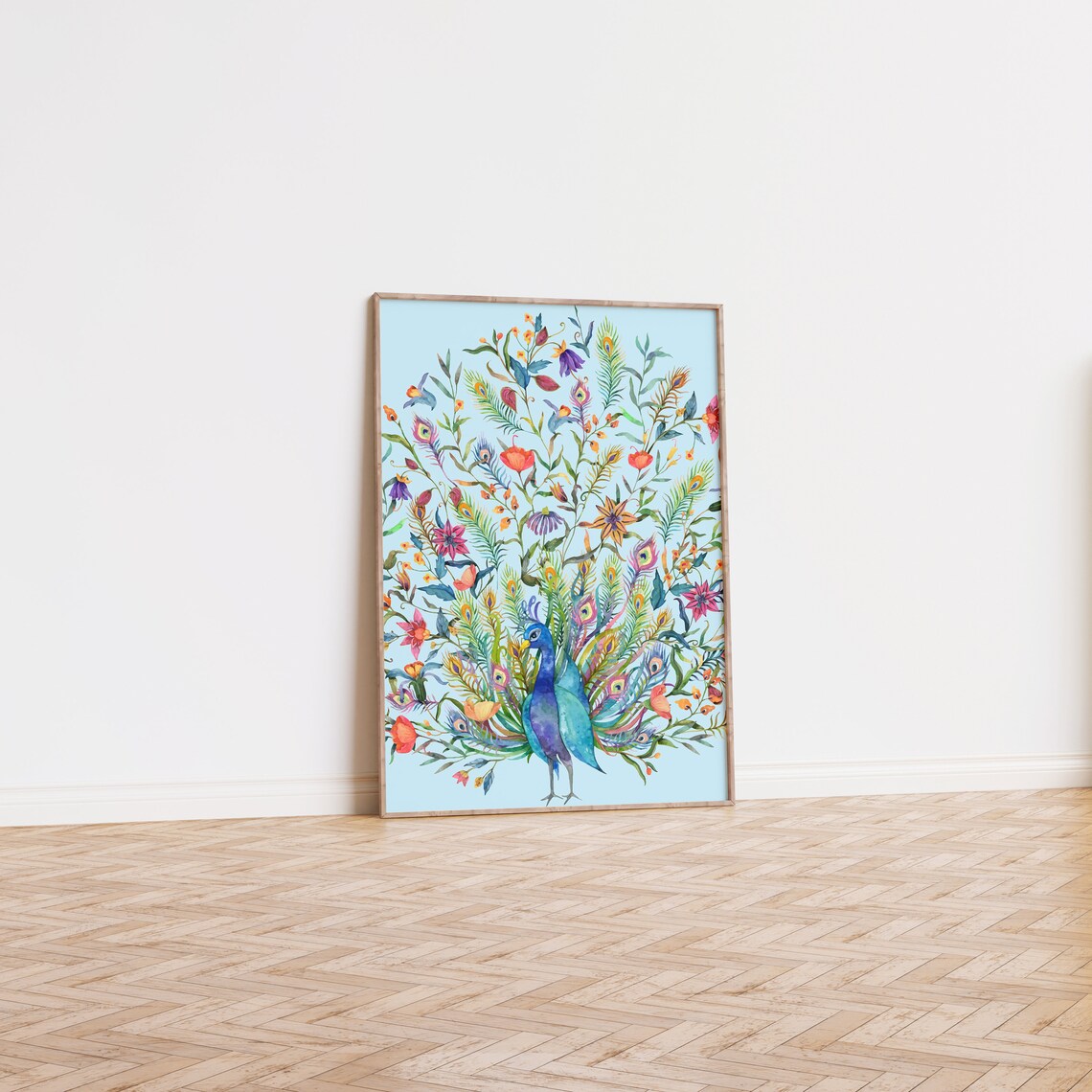 Blue Peacock Boho Art Print, Mid-Century Decor - Image 2