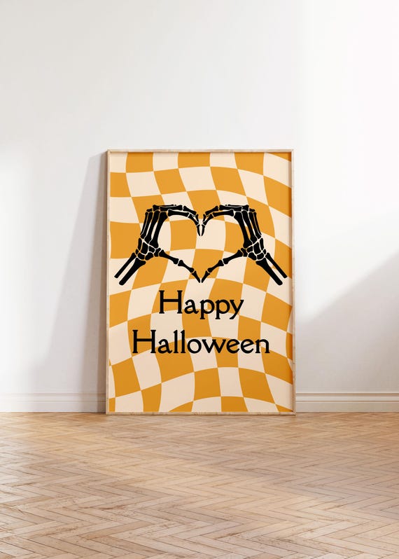 Happy Halloween Preppy Print Cute Retro Halloween Painting Checkered Retro Vibe Art Holiday Poster Preppy Dorm Wall Art