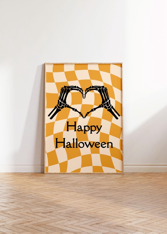 Skeleton Hands Heart Happy Halloween Orange Checkered Wall Art