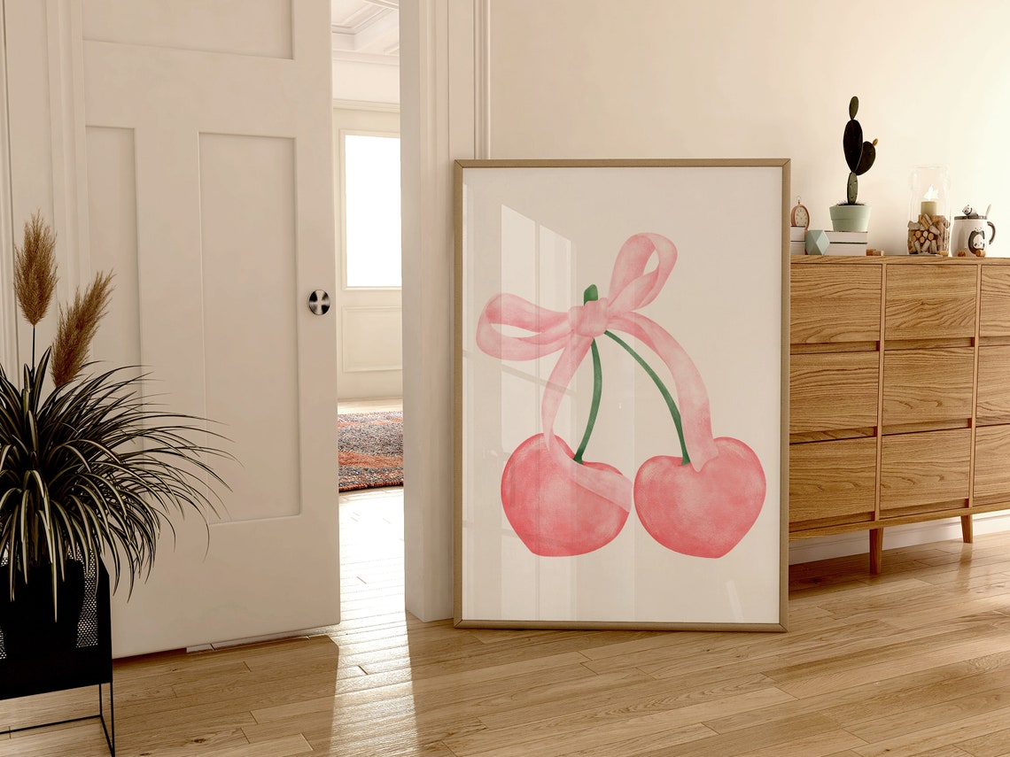 Coquette Pink Cherries Watercolor with Bow Girly Bedroom Poster - Image 3