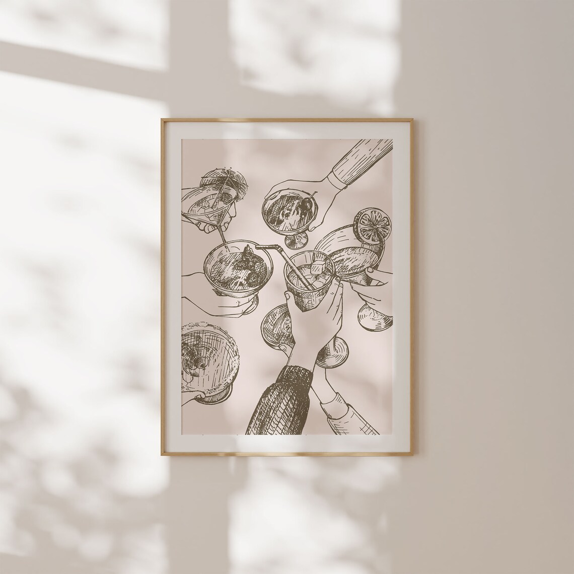 Cheers Cocktail Toast Brown Line Art Happy Hour Kitchen Bar Poster