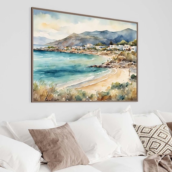 Mediterranean Coastal Bay Watercolor Beach Landscape Art Poster