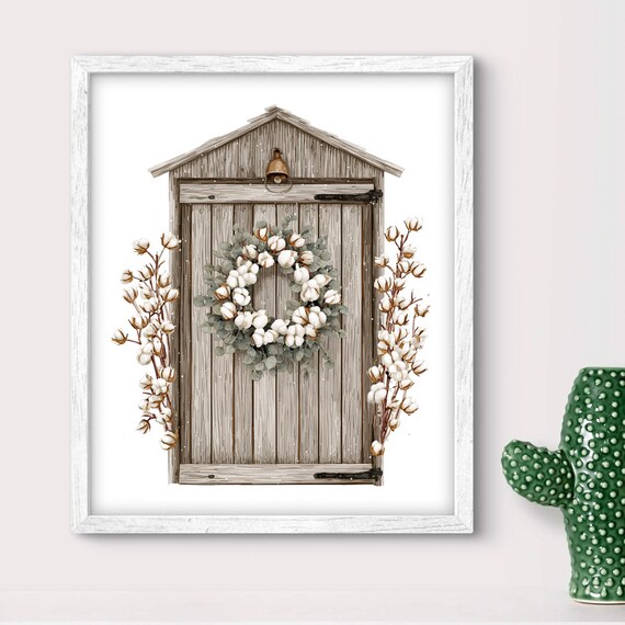 Rustic Wooden Shed Door with Cotton Wreath Farmhouse Winter Poster
