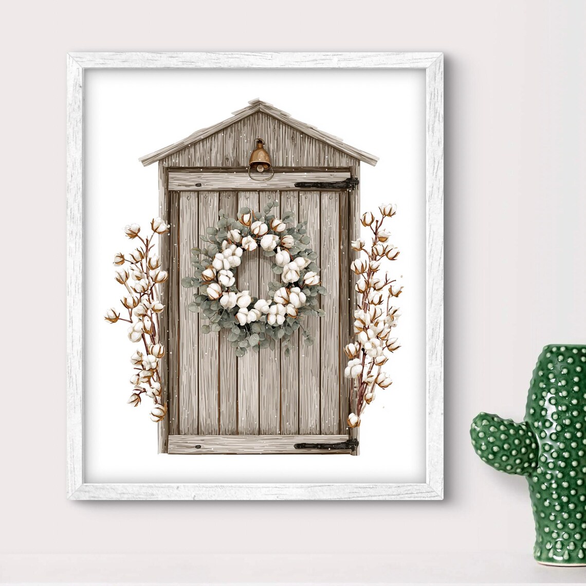 Rustic Wooden Shed Door with Cotton Wreath Farmhouse Winter Poster