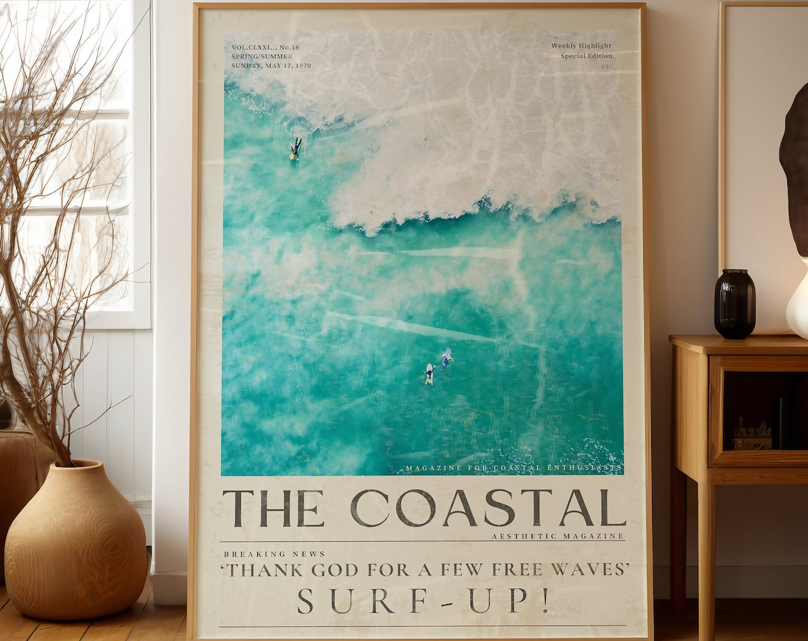 Blue Coastal Surf Up Cowgirl Vintage 70s Poster