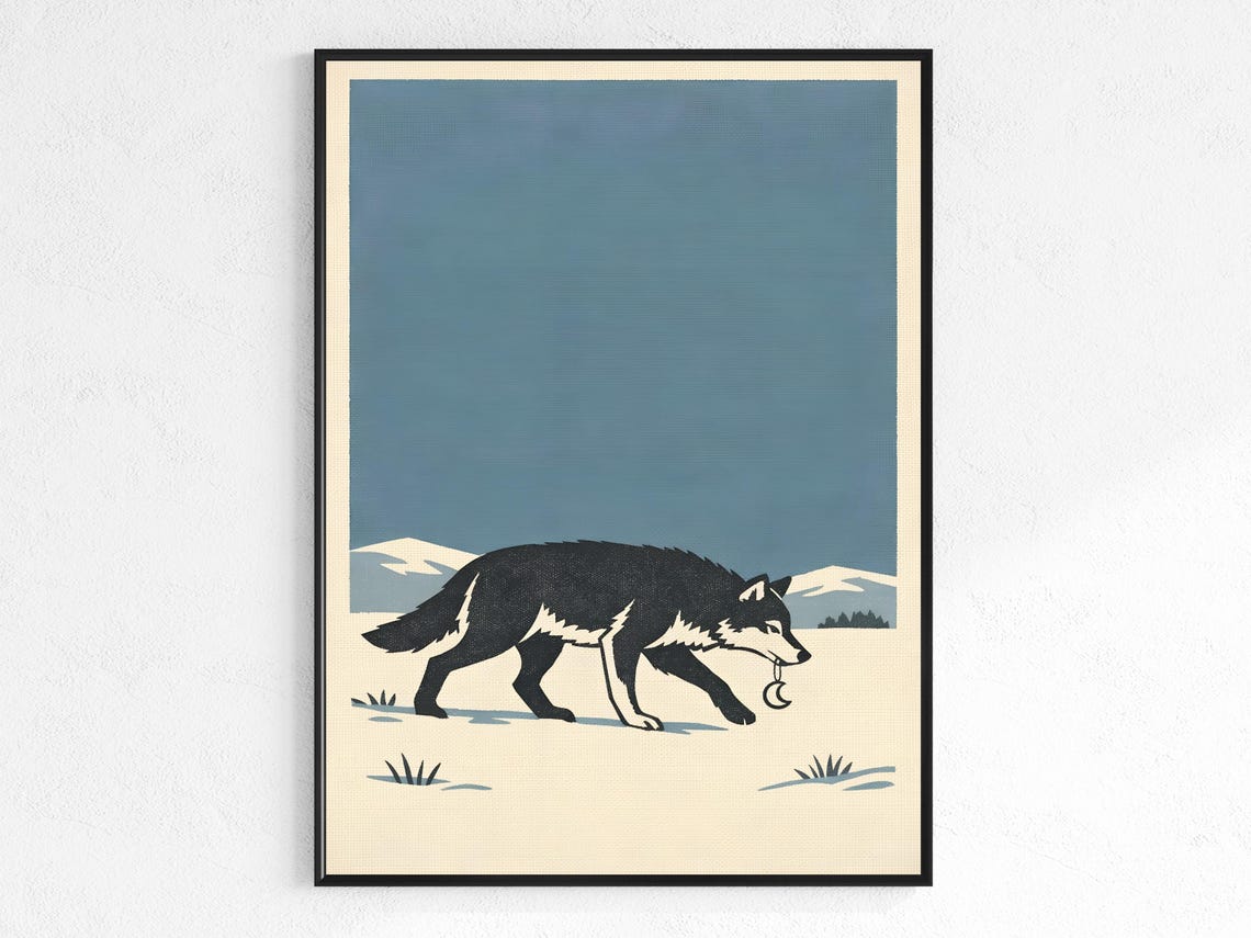 Winter Gray Wolf Walking Snow Minimalist Blue Wildlife Art Print
