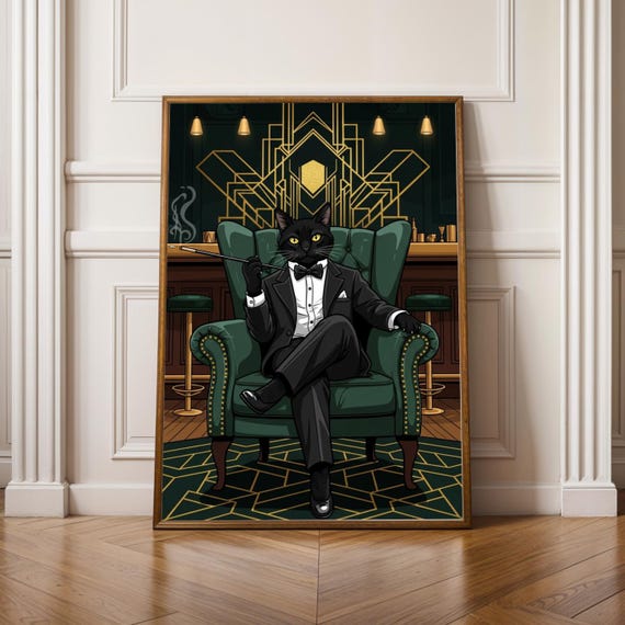 Smoking Black Cat Print Art Deco Tuxedo Bar Poster