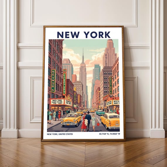 New York City Times Square Vintage Empire State Yellow Cab Travel Poster