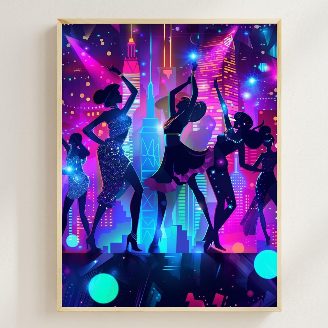Neon City Dancer Silhouettes Electric Night Party Art Poster