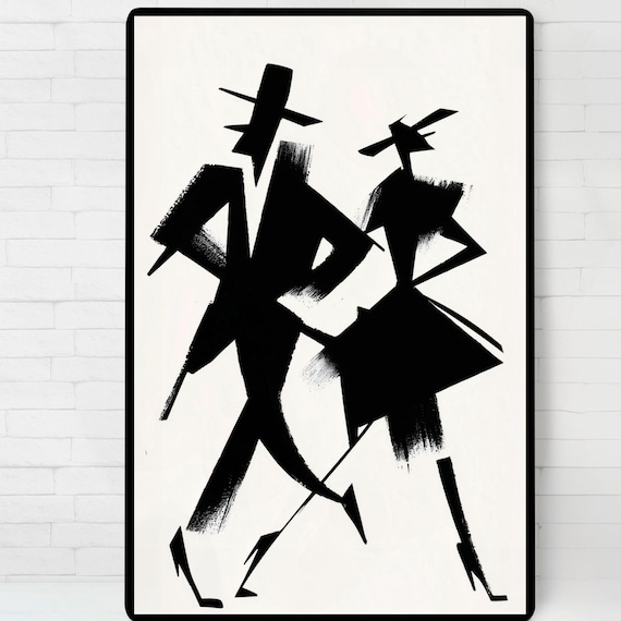 Tango Couple Black White Silhouette Dance Ink Sketch Art Poster