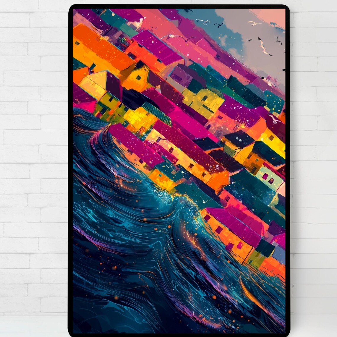 Coastal Town Art Print, Minimalist Seaside Houses