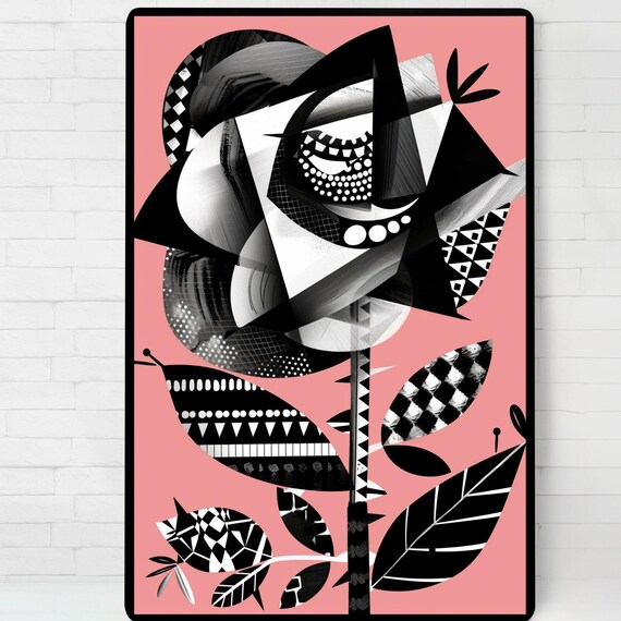 Geometric Black White Rose Art Print Pink Cubist Abstract Flower Modern Decor